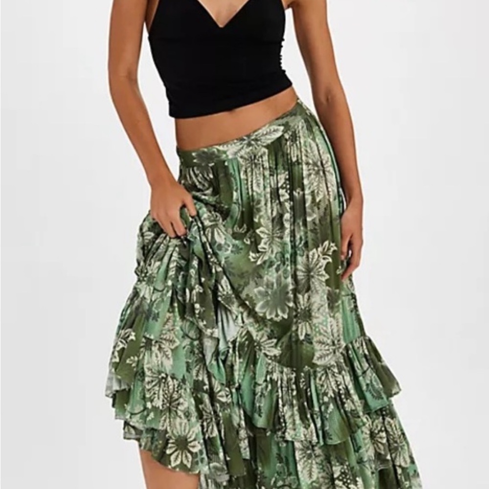 NWOT Free People Asymmetrical Floral Skirt in Green and Cream